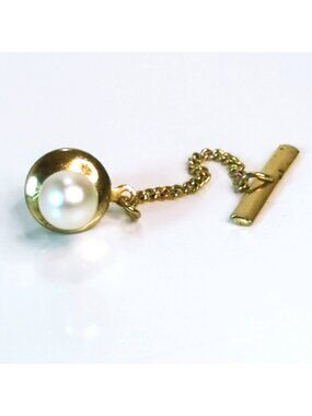 Vintage Gold Tone Faux Pearl Tie Tack Pin With Chain